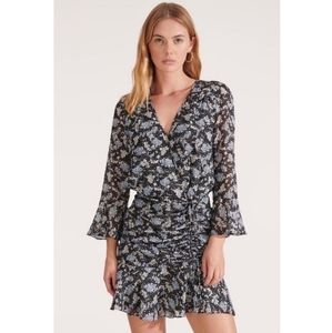 Veronica Beard Dress Silk Mini Ruched Zip Texture Floral Ruffle Black Blue 00